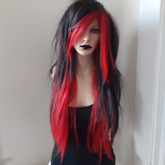 Black & Red Long  EMO Wig gothic, wig  human hair mix main image 5
